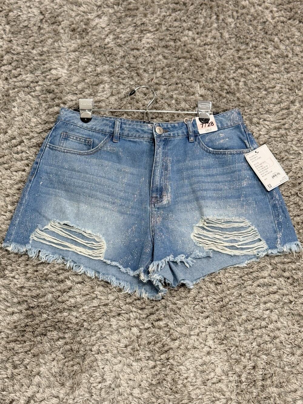 NWT BBJ Denim Shorts Womens 7/28 Glitter Distressed Ripped Cut Off High Rise